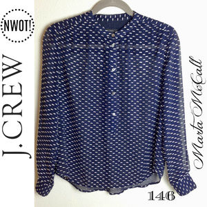 NWOT J CREW Navy Silk Dotted Swiss Cuffed Blouse